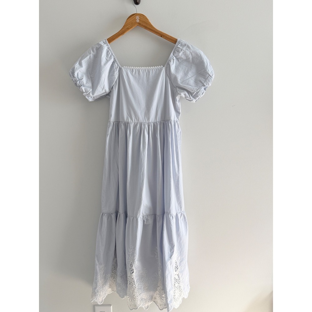 Rare Editions  Blue Eyelet Lace Tiered Midi Dress Puff Sleeve Cottagecore SZ 12